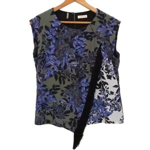 Rebecca Taylor Floral Silk Fringe Top Womens Size M Boho Western Sleeveless Blue